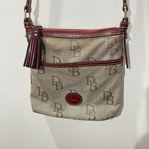Dooney & Bourke Vintage DB Monogram Crossbody Bag Red Leather Trim Canvas Small